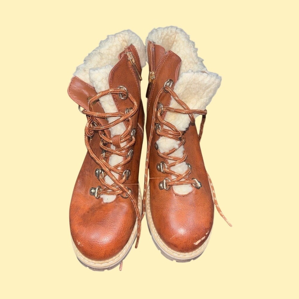 Petit Nord Teens's Brown Sherpa Lined Hiker Ankle Boots Lace Up Side Zip‎ Size 3